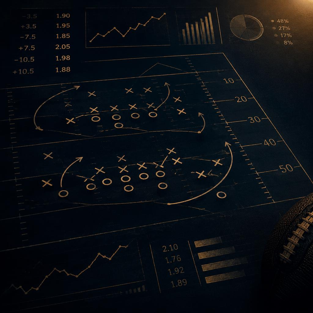 Football play diagrams and betting-line charts on a dark board